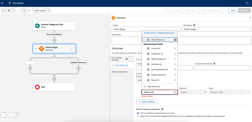 Salesforce Flow Builder showing the Triggering Account global record variable and relationship fields available without using a Get Records element.
