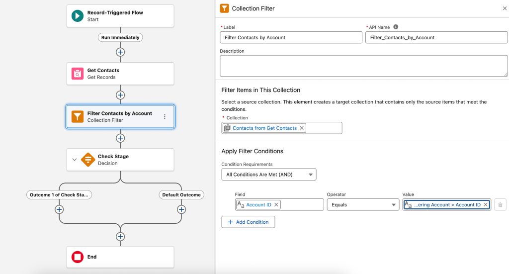 Salesforce Flow Builder showing a Collection Filter element filtering Contacts by Account ID in memory without nested loops.