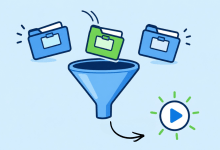 Cartoon funnel filtering a green folder while two blue folders stay out, with an arrow from the spout to a glowing play button.