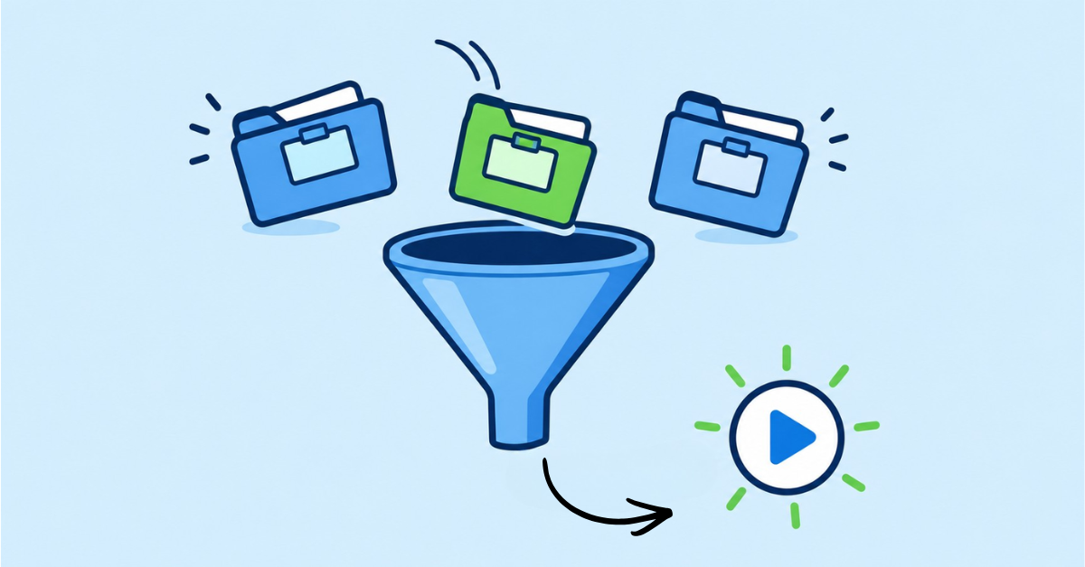 Cartoon funnel filtering a green folder while two blue folders stay out, with an arrow from the spout to a glowing play button.
