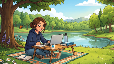Illustration of a person studying Salesforce certification materials outdoors by a lake