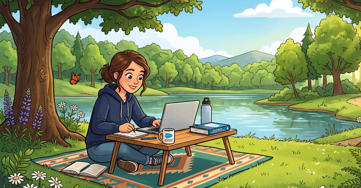 Illustration of a person studying Salesforce certification materials outdoors by a lake