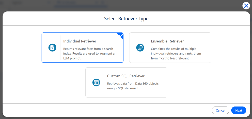 Salesforce Agentforce Studio Select Retriever Type modal with Individual Retriever selected