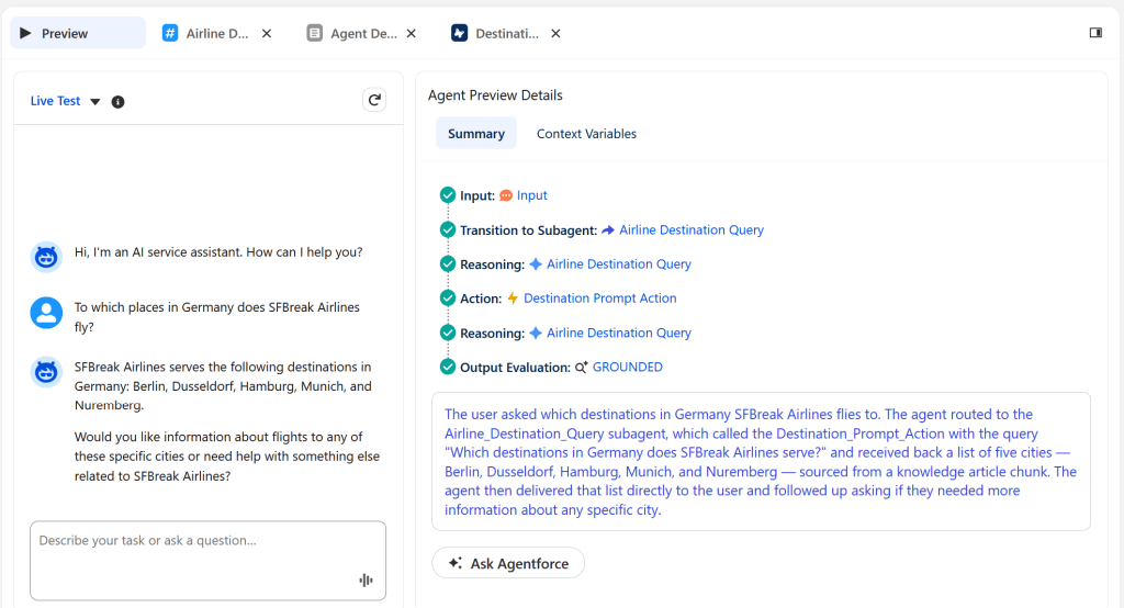 Agentforce Studio Preview console showing live chat test, subagent routing trace, and grounded output evaluation for airline destinations query