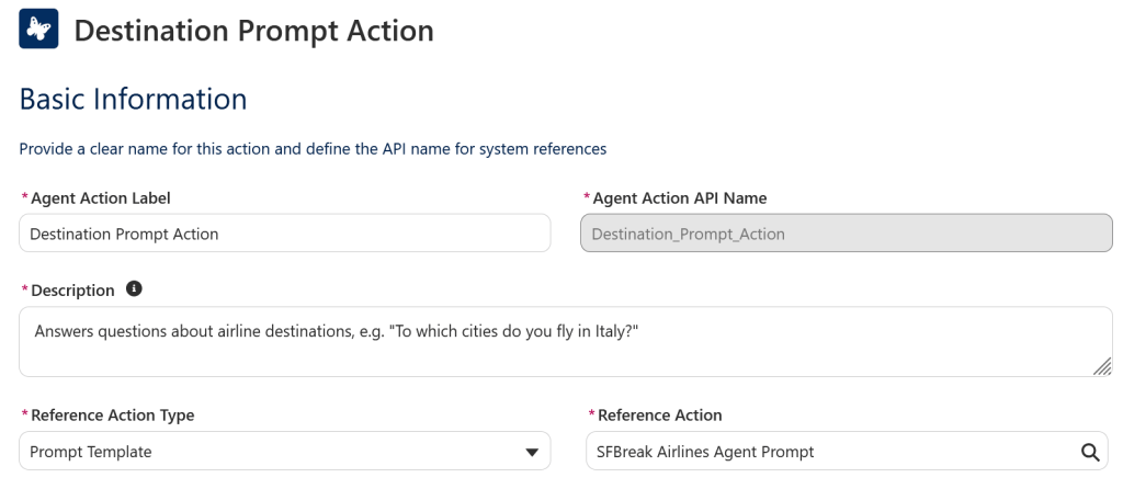 Salesforce Agentforce Studio setup screen for Destination Prompt Action linked to SFBreak Airlines Agent Prompt template