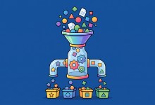 Cartoon illustration of a sorting funnel mechanism filtering mixed geometric shapes into labeled bins for stars, circles, squares, and triangles against a solid blue background.