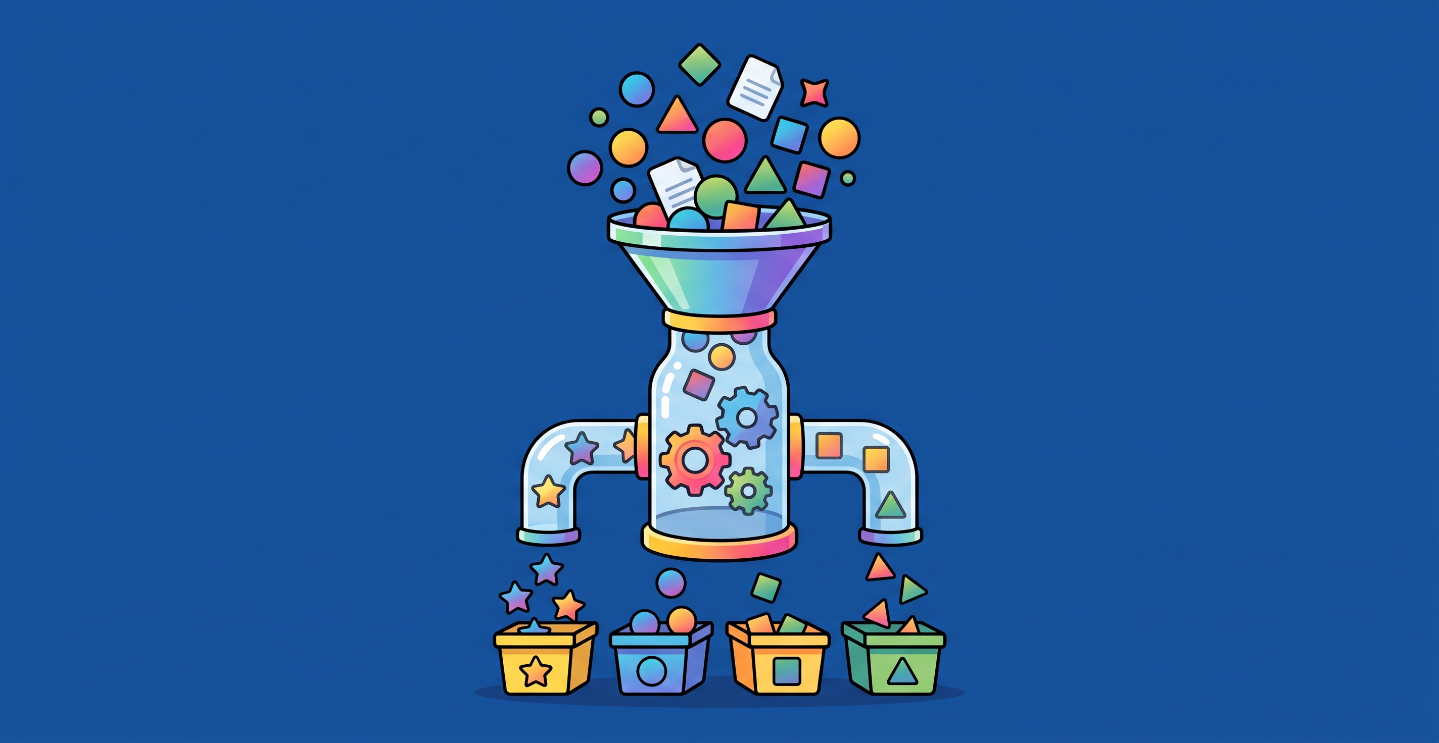 Cartoon illustration of a sorting funnel mechanism filtering mixed geometric shapes into labeled bins for stars, circles, squares, and triangles against a solid blue background.