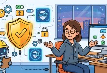 A colorful cartoon illustration of a female IT administrator sitting at a desk in a modern office at night, gesturing toward a computer monitor showing a flowchart connected to a small robot icon. On the left, a small robot wearing a yellow hardhat holds a clipboard next to a large glowing golden security shield with a checkmark. Metaphors for digital security, user permissions, and data privacy—including keys, padlocks, toggle switches, gears, and face-scanning icons with lock symbols—are connected by dotted data lines against a background window showing a city skyline at dusk.
