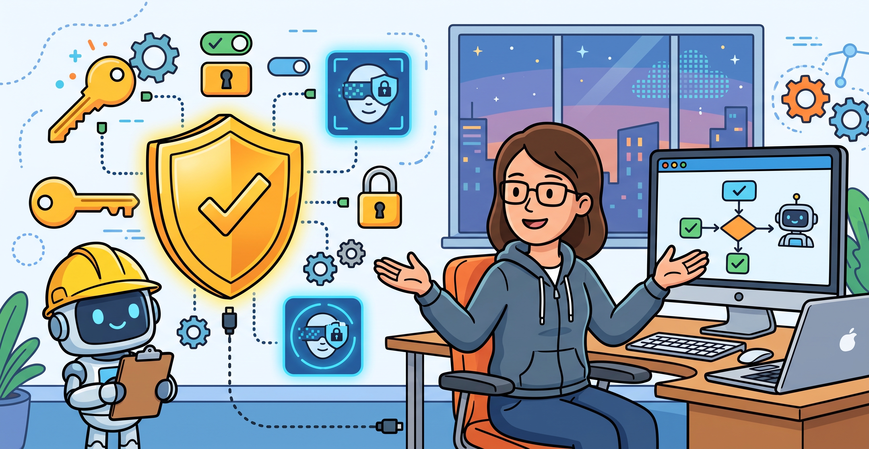 A colorful cartoon illustration of a female IT administrator sitting at a desk in a modern office at night, gesturing toward a computer monitor showing a flowchart connected to a small robot icon. On the left, a small robot wearing a yellow hardhat holds a clipboard next to a large glowing golden security shield with a checkmark. Metaphors for digital security, user permissions, and data privacy—including keys, padlocks, toggle switches, gears, and face-scanning icons with lock symbols—are connected by dotted data lines against a background window showing a city skyline at dusk.