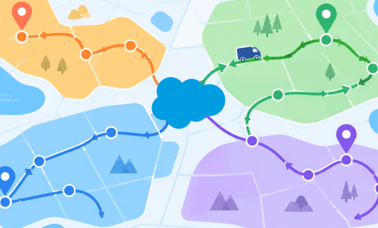 A colorful flat-vector map illustration showing four connected territories with location pins, circular nodes, and curved directional routes converging at a central hub on a light digital grid.