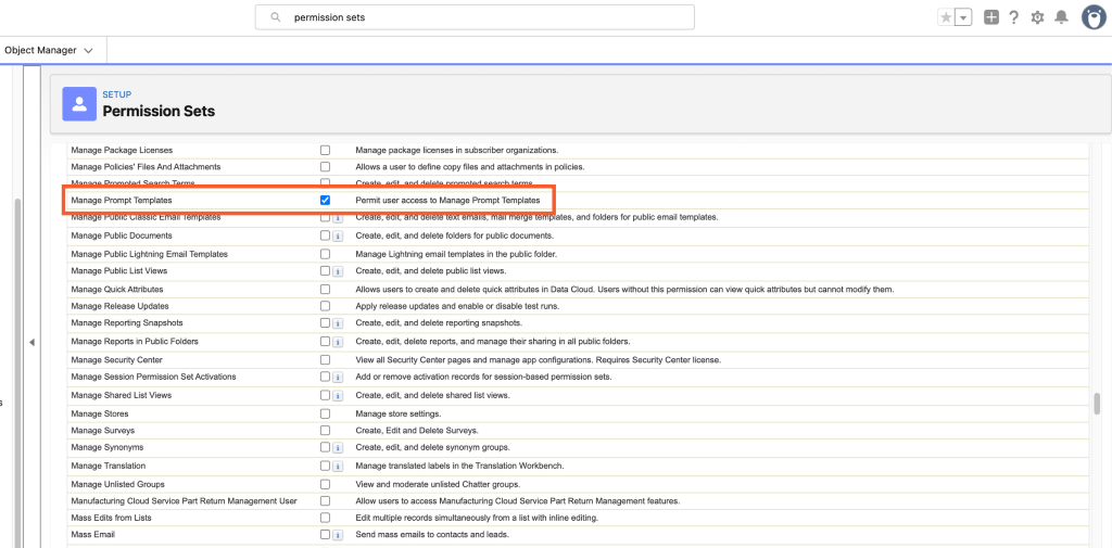 Salesforce Setup screen showing System Permissions with the Manage Prompt Templates checkbox selected for AI administration.