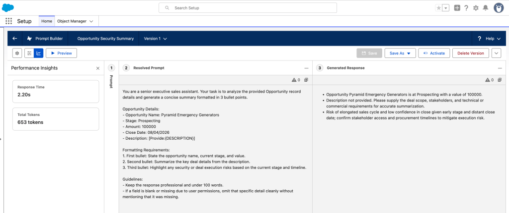 Salesforce Prompt Builder workspace showing the Opportunity Security Summary prompt template with record merge fields and preview resolution panel.