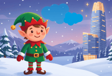 A cheerful festive elf in a green and red outfit standing in a snowy landscape with snow-covered pine trees, mountains, and a lit office tower under a twilight sky with snowflakes.